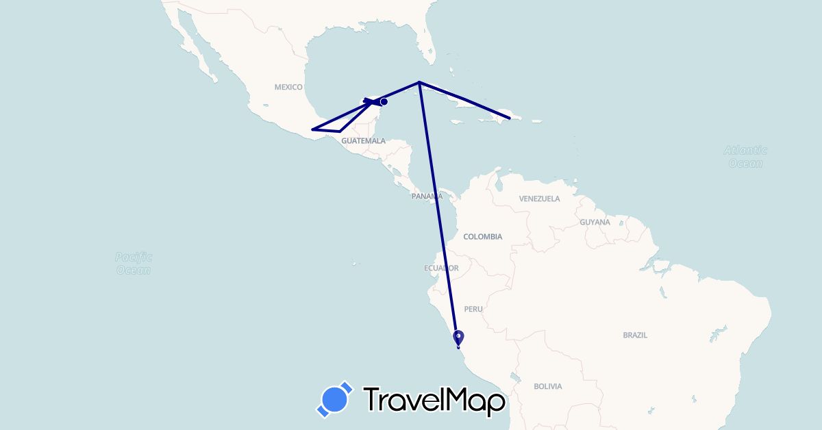 TravelMap itinerary: driving in Cuba, Dominican Republic, Mexico, Peru (North America, South America)
